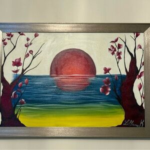 Sunset Over Water Framed Art by - Red, Blue, Yellow